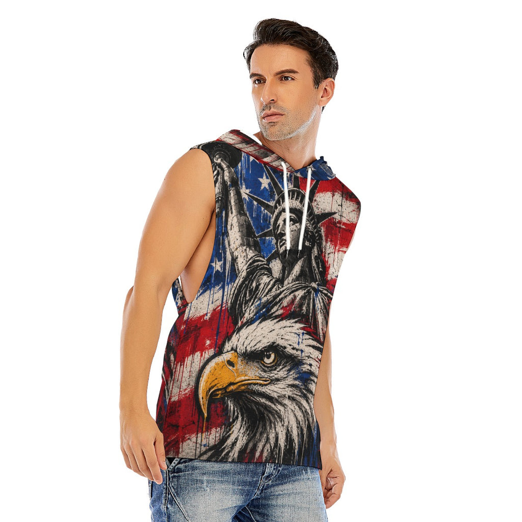 Statue of Liberty and Bald Eagle Men’s Sleeveless Pullover Hoodie