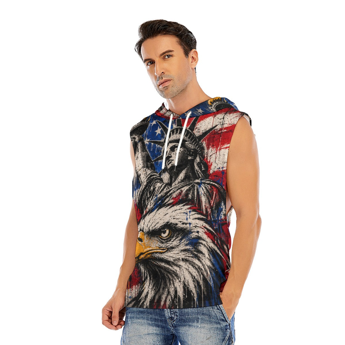 Statue of Liberty and Bald Eagle Men’s Sleeveless Pullover Hoodie